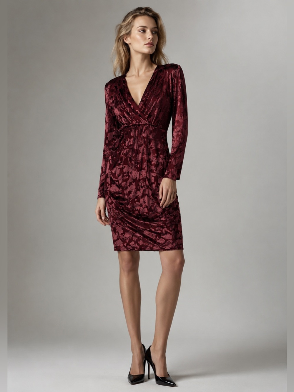 Carla Conti Small Burgundy Burnout Velvet Floral Wrap Dress Ruched Knee Length